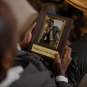 Man Receiving Employee of the Month Photo Plaque