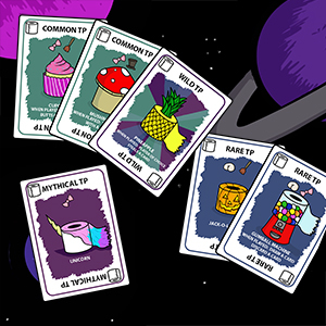 Sets of toilet paper cards in front of a space background