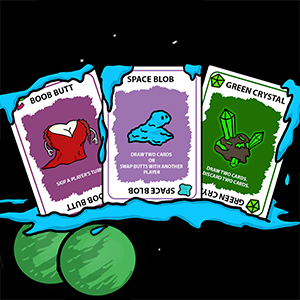 Action cards such as the boob butt, green crystal, and space blob in space by green planets